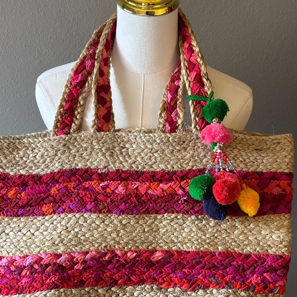 America & Beyond Boho Jute Straw Tote Pink Stripe Pom Pom Beach Market Bag - Picture 8 of 8